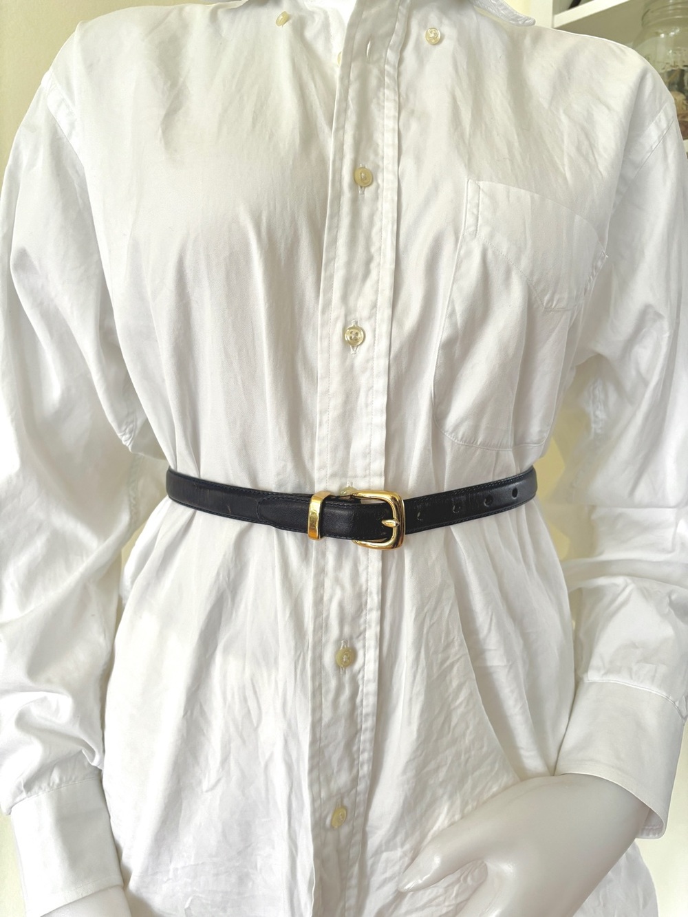 Talbots dark navy blue genuine leather skinny belt with gold tone hardware